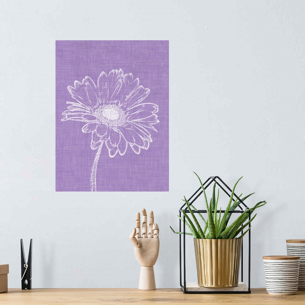 A bohemian room featuring White flower design on a textured purple background.