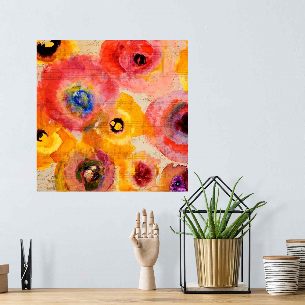 A bohemian room featuring Semi-abstract artwork of a group of bright red and yellow flowers.