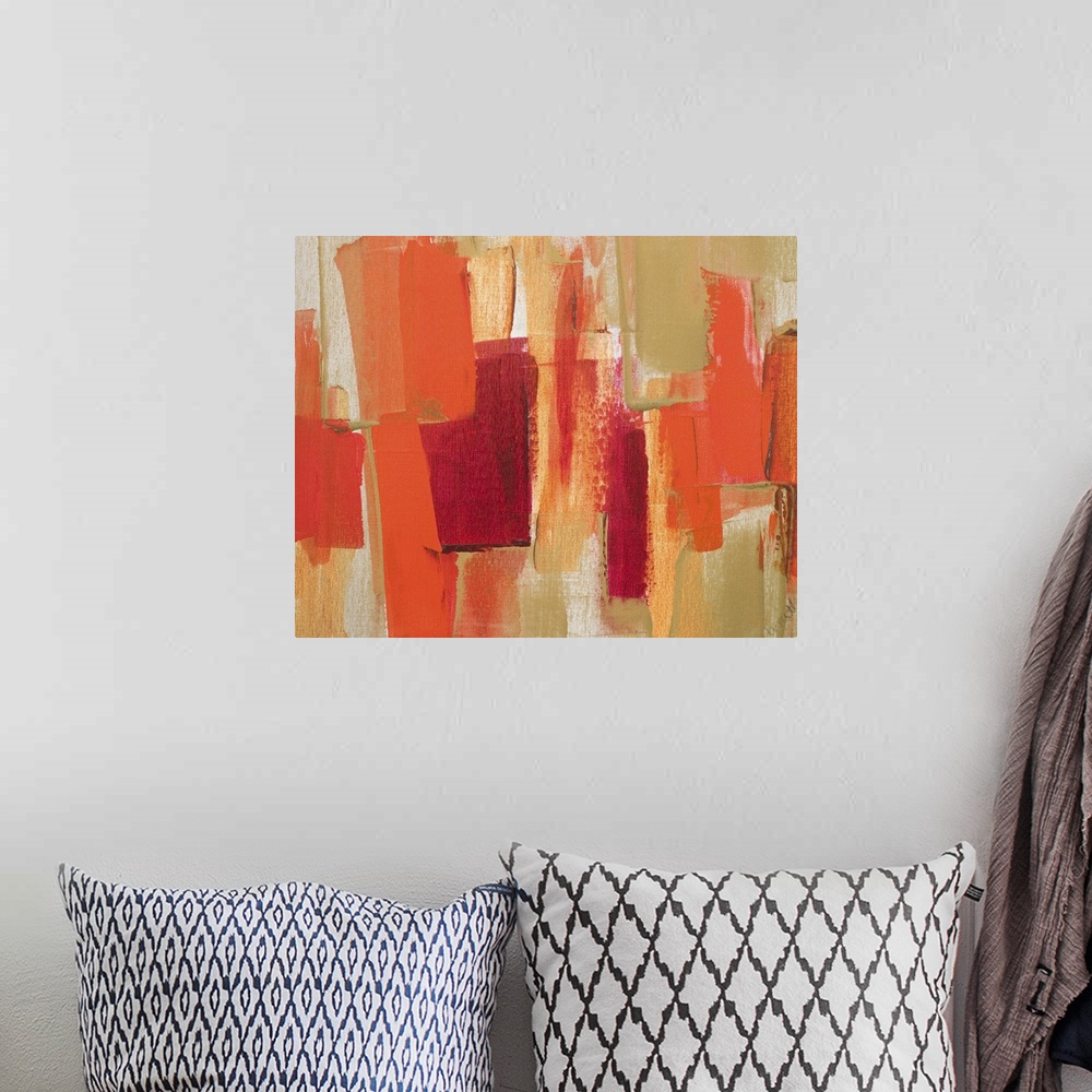 A bohemian room featuring Contemporary abstract painting of red geometric shapes against a light brown background.
