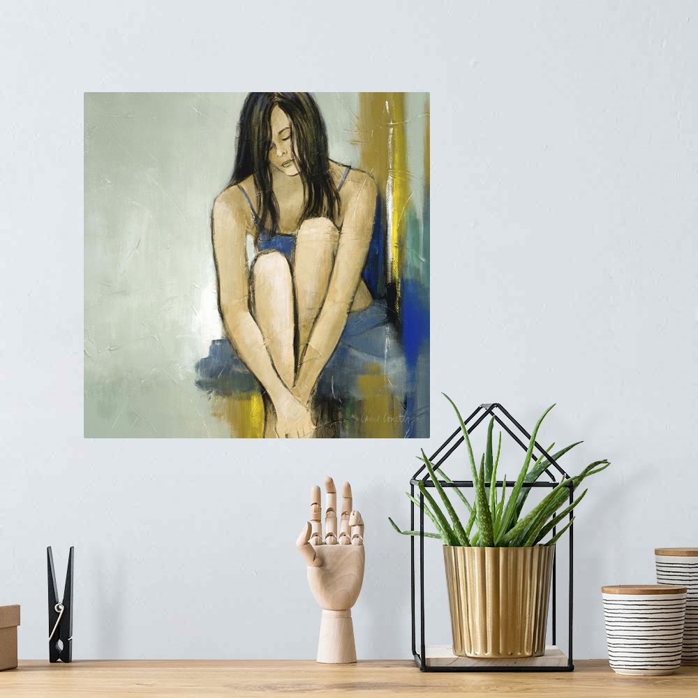 A bohemian room featuring Contemporary painting of a woman in a yoga pose.