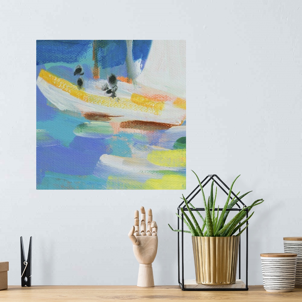 A bohemian room featuring Contemporary painting of a small boat in the ocean.