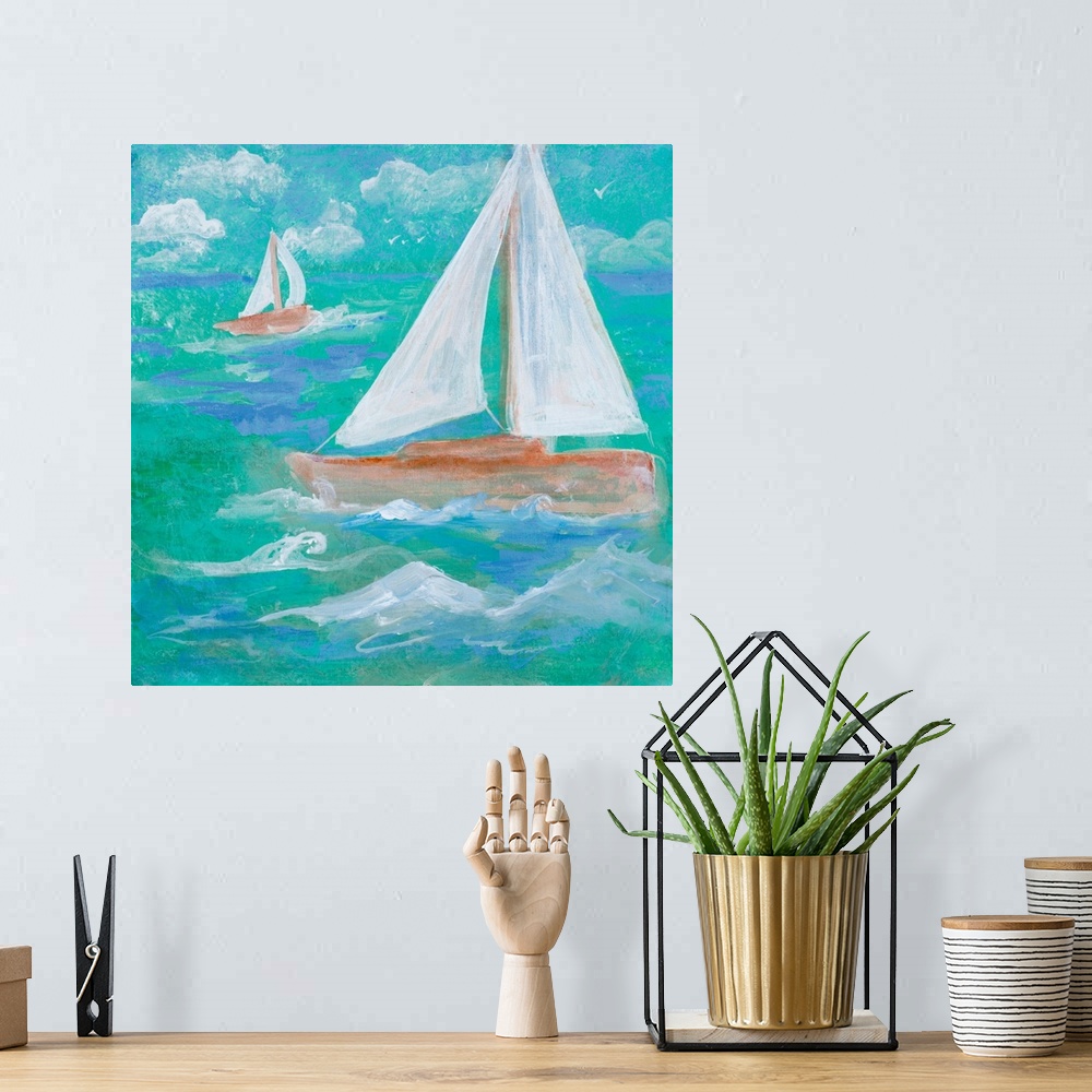 A bohemian room featuring Painting of a sailboat on the water on a cloudy day.