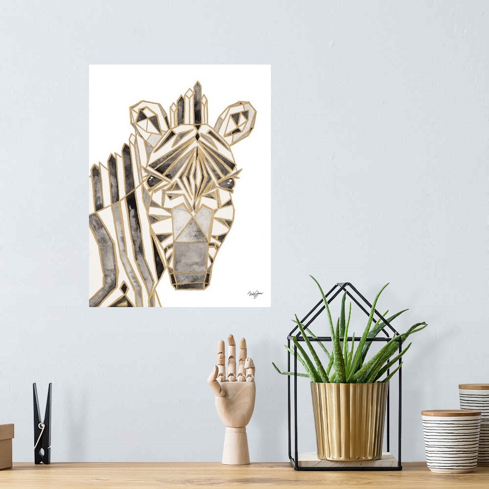 A bohemian room featuring Watercolor painting of a zebra created with metallic gold geometric shapes.