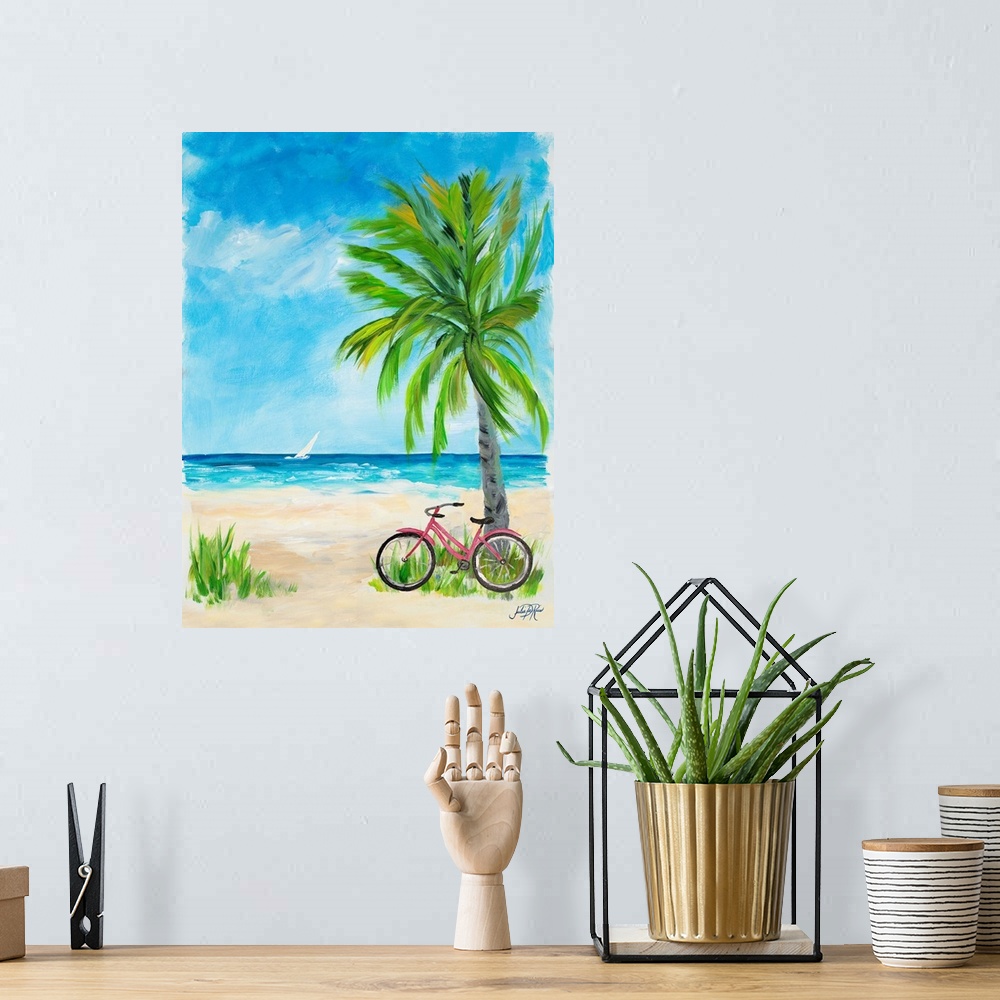 A bohemian room featuring Contemporary painting of a red bicycle leaning up against a palm tree on a sandy beach with a whi...