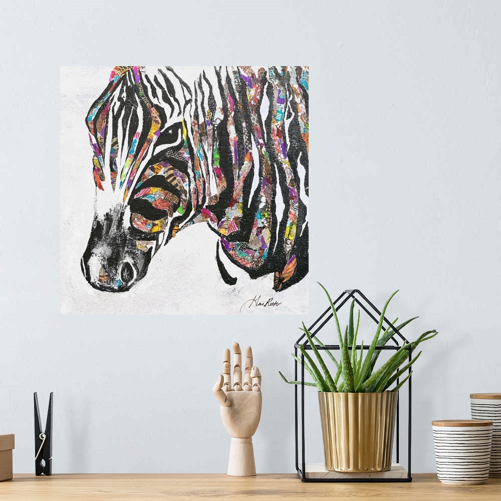 A bohemian room featuring Contemporary painting of a zebra with bright colors and patterns between the stripes.