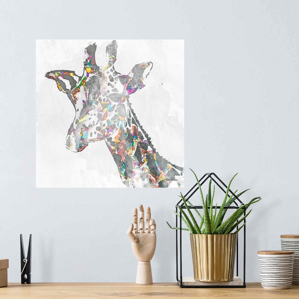 A bohemian room featuring Portrait of a giraffe embellished with vivid colors.