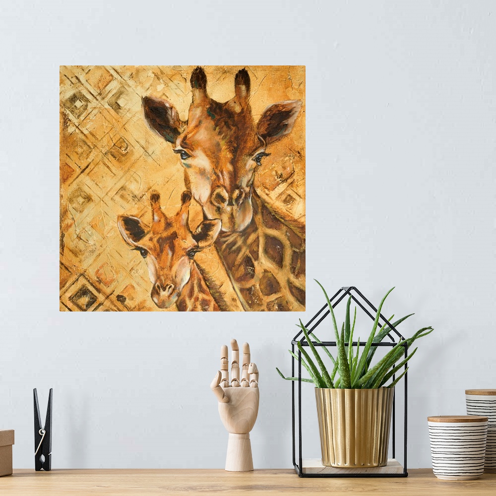 A bohemian room featuring Painting of a giraffe and her baby on a diamond pattern.