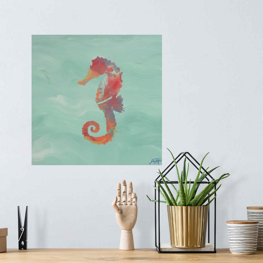 A bohemian room featuring Painting of a red abstract seahorse on a teal background.