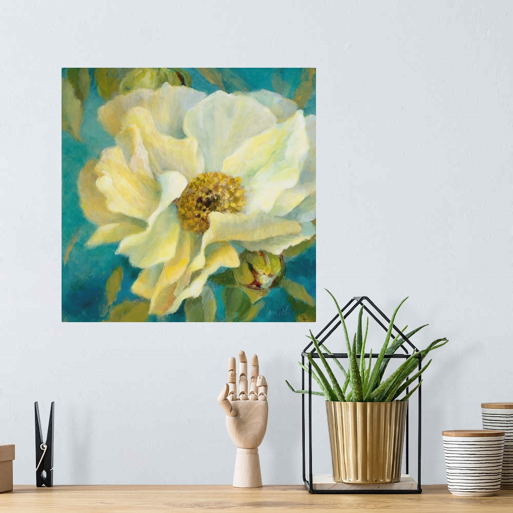 A bohemian room featuring Soft brush strokes of white and yellow create a peony against a teal background.