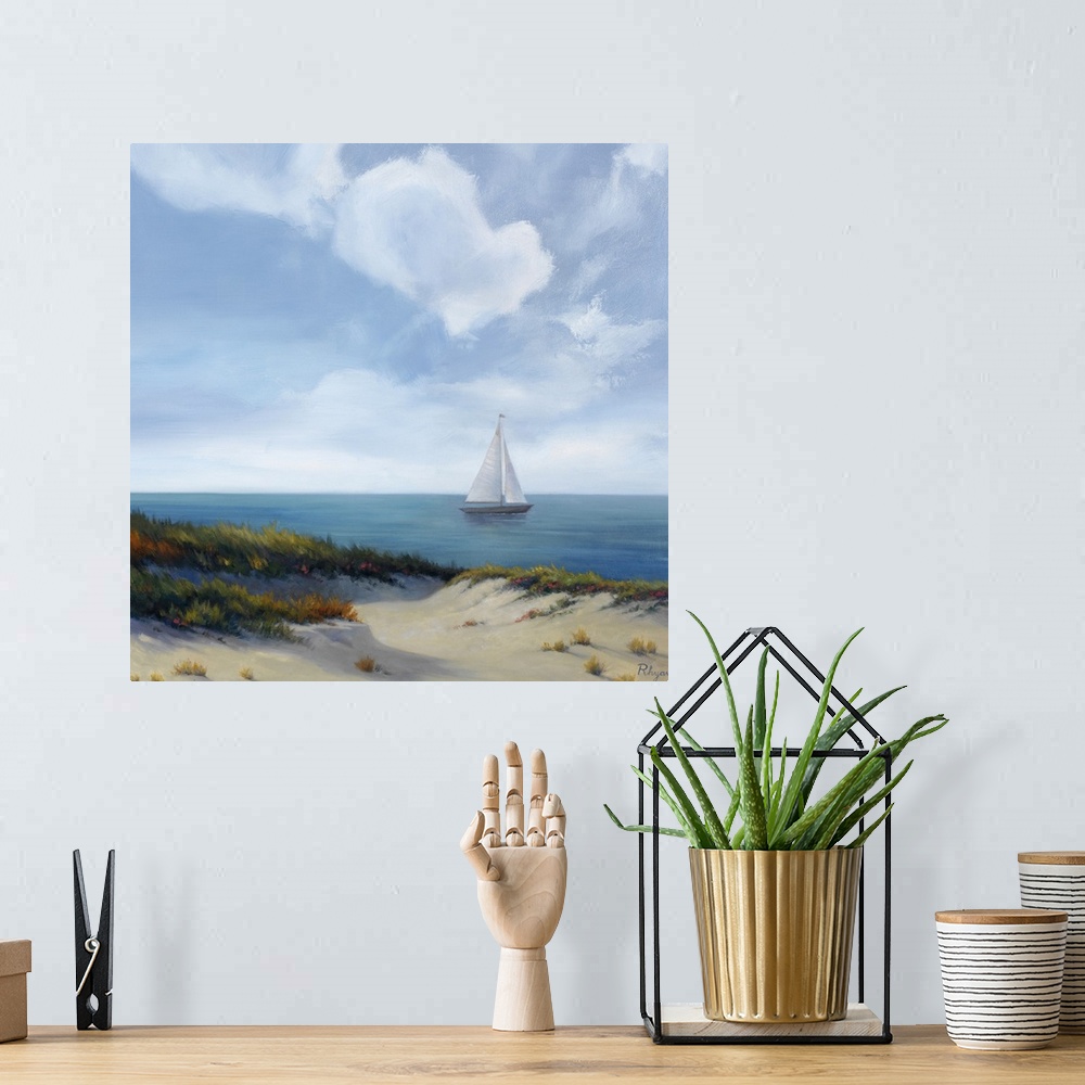 A bohemian room featuring This is a square shaped painting by a contemporary artist of beach dunes covered with grass and s...