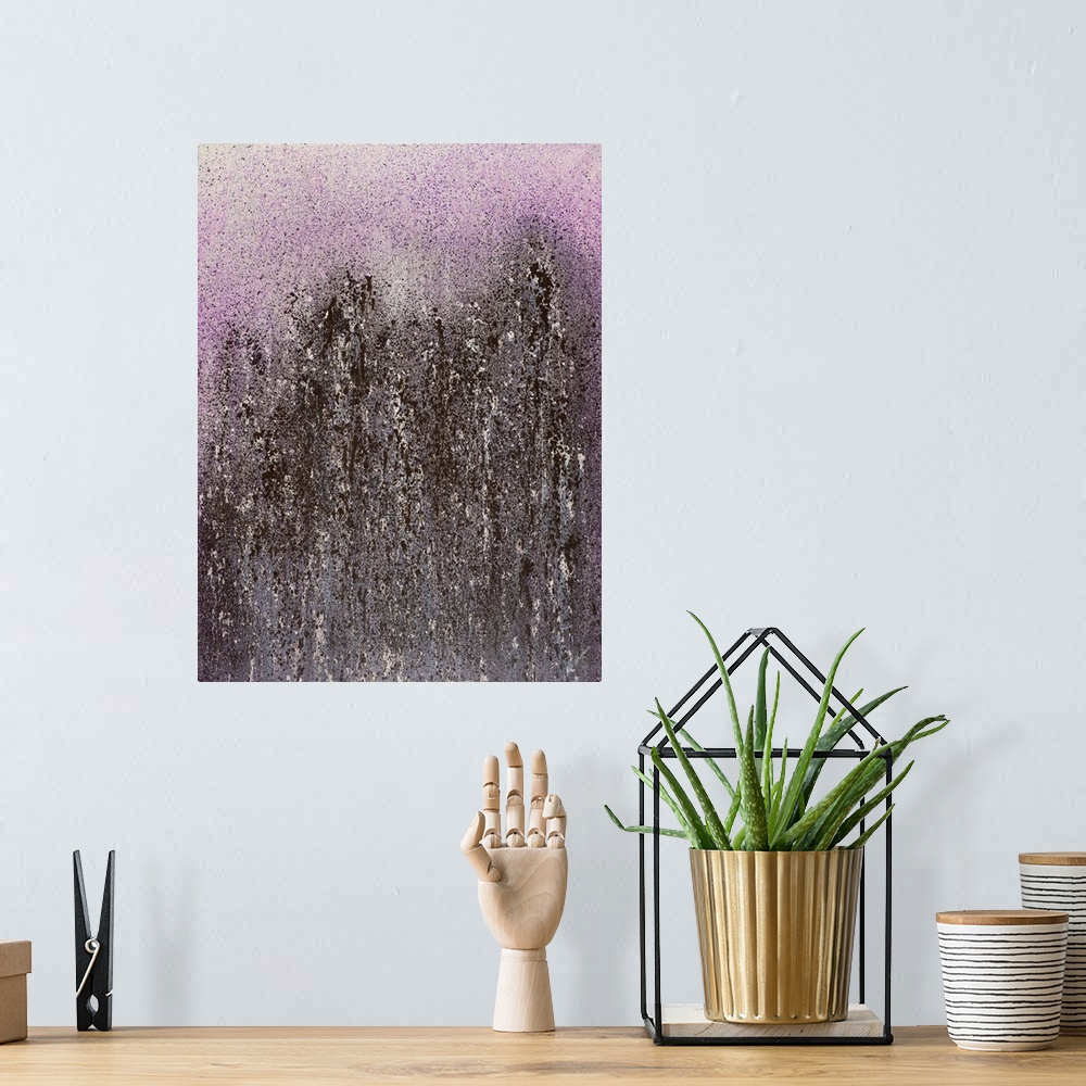 A bohemian room featuring Contemporary abstract painting with purple and dark hues splattered lightly at the top and densel...