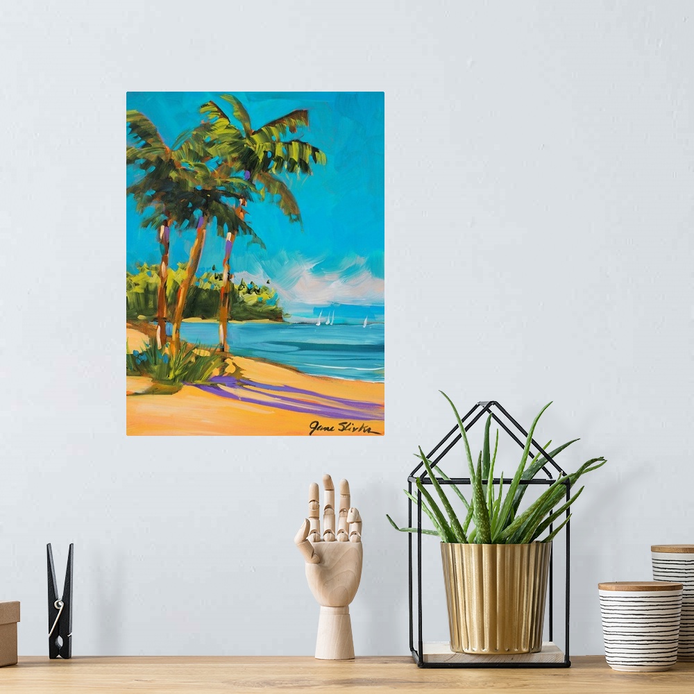 A bohemian room featuring Big, vertical painting of three large palm trees swaying in the sun, over the beach, along the sh...