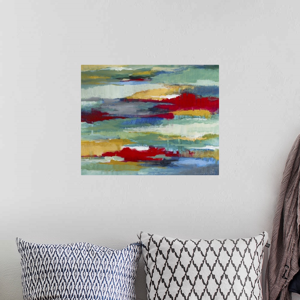A bohemian room featuring Contemporary abstract painting with red streaks against cool tones.