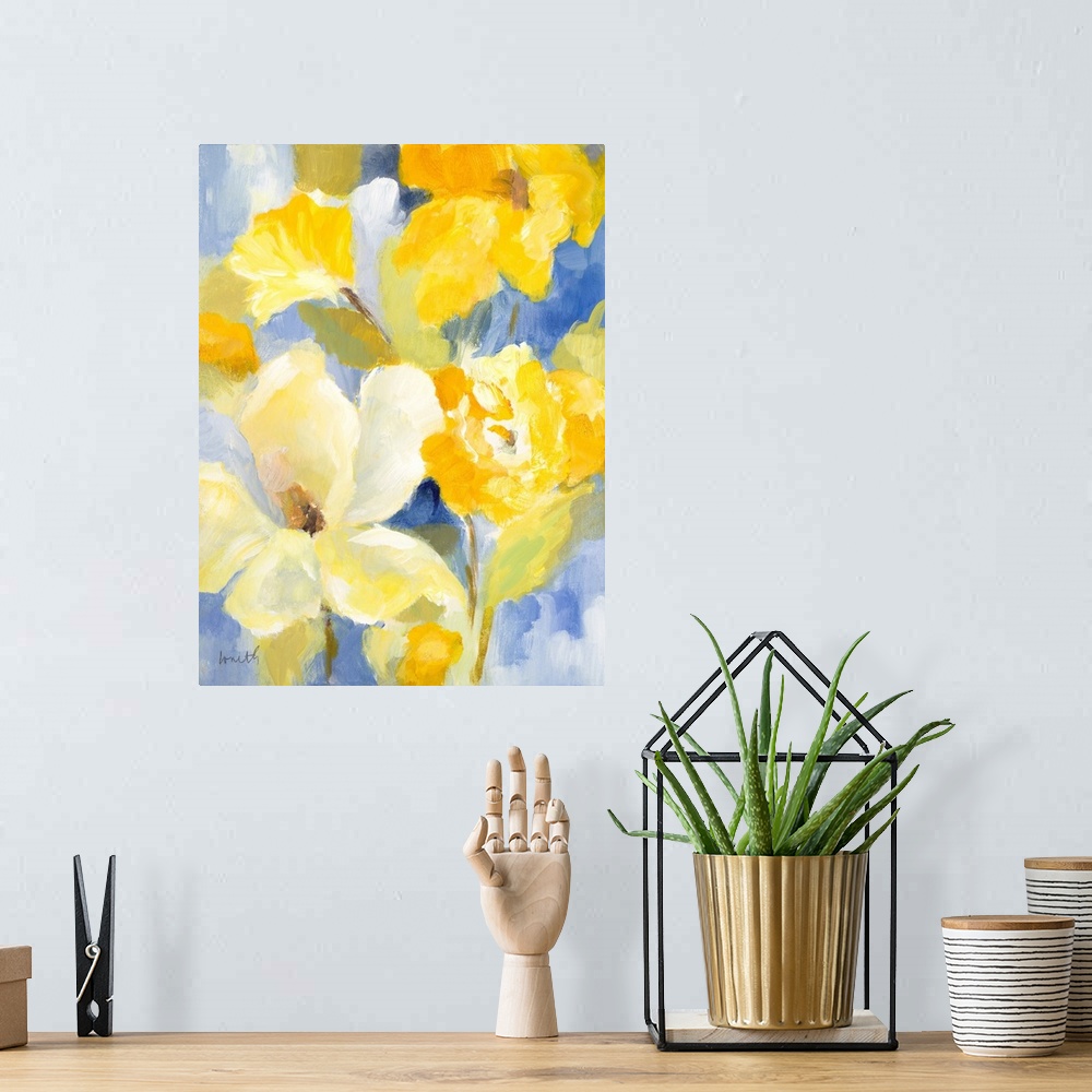 A bohemian room featuring Cheerful painting of bright yellow flowers on blue.