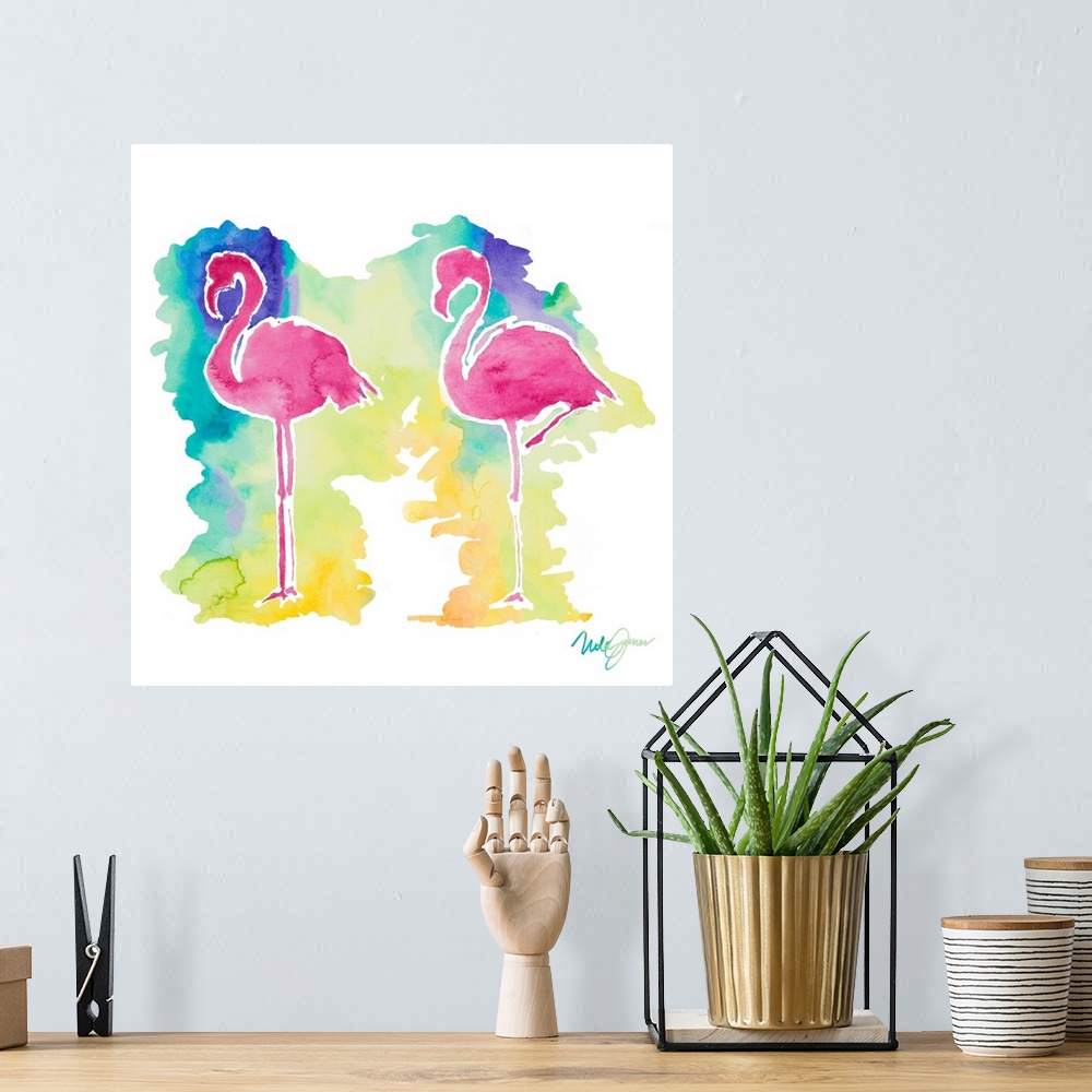 A bohemian room featuring Square watercolor painting two pink flamingo silhouettes with a colorful background.