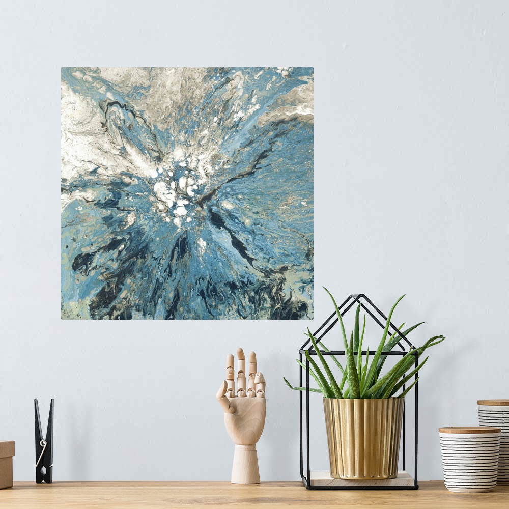 A bohemian room featuring Square abstract painting using shades of blue, gray, and white all forming together at a central ...