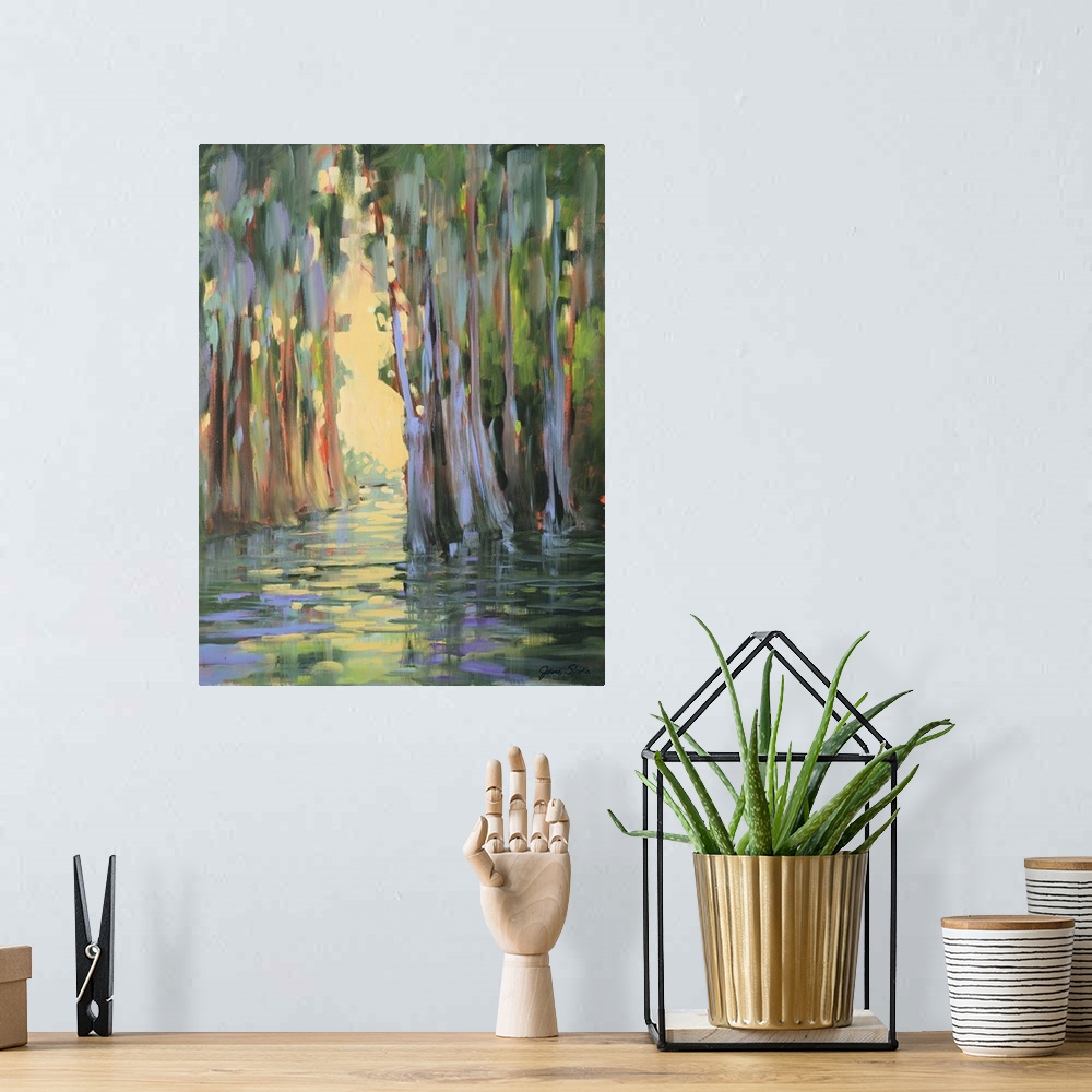 A bohemian room featuring Contemporary artwork of a swampy forest with golden sunlight.