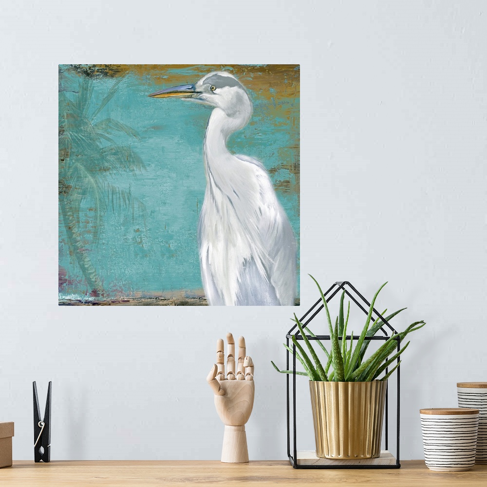 A bohemian room featuring Docor perfect for the home of a painted white heron peering to the left where there is a faded pa...