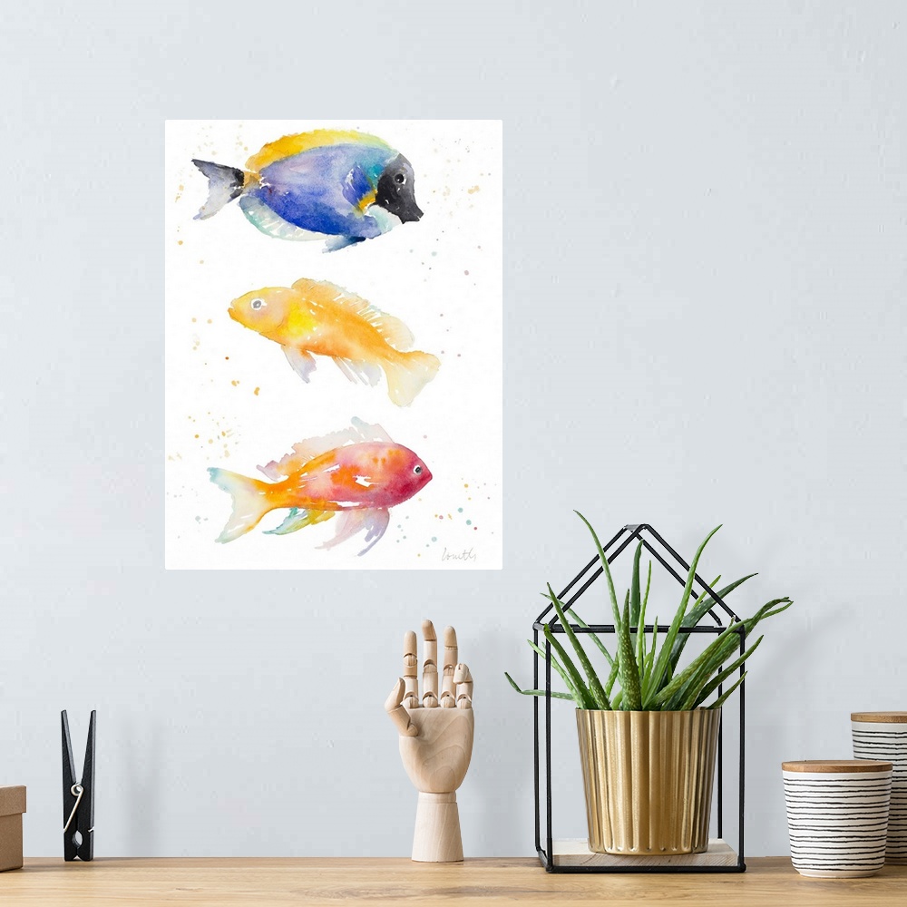 A bohemian room featuring Watercolor painting of colorful tropical fish.