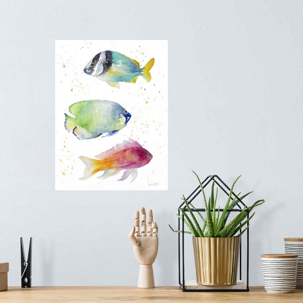 A bohemian room featuring Watercolor painting of colorful tropical fish.
