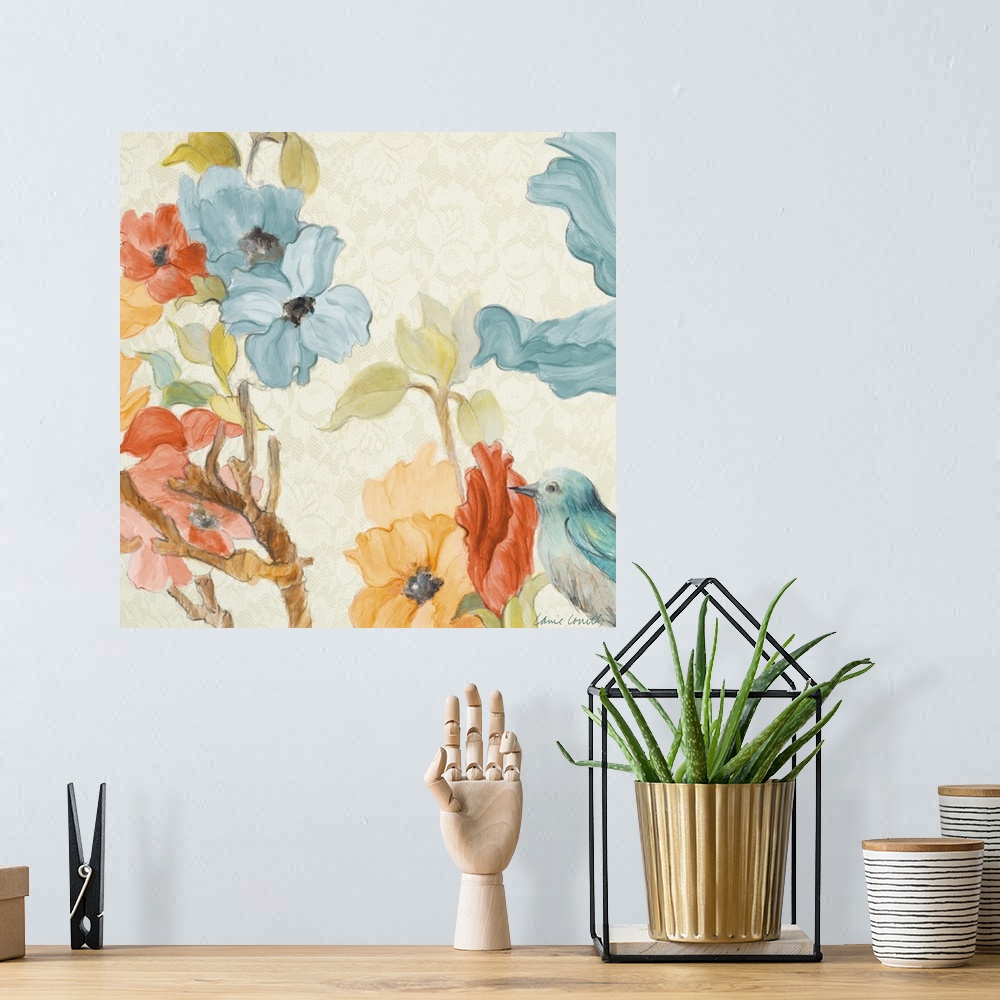 A bohemian room featuring Contemporary painting of beautiful blooming flowers in blue and orange with a small blue bird