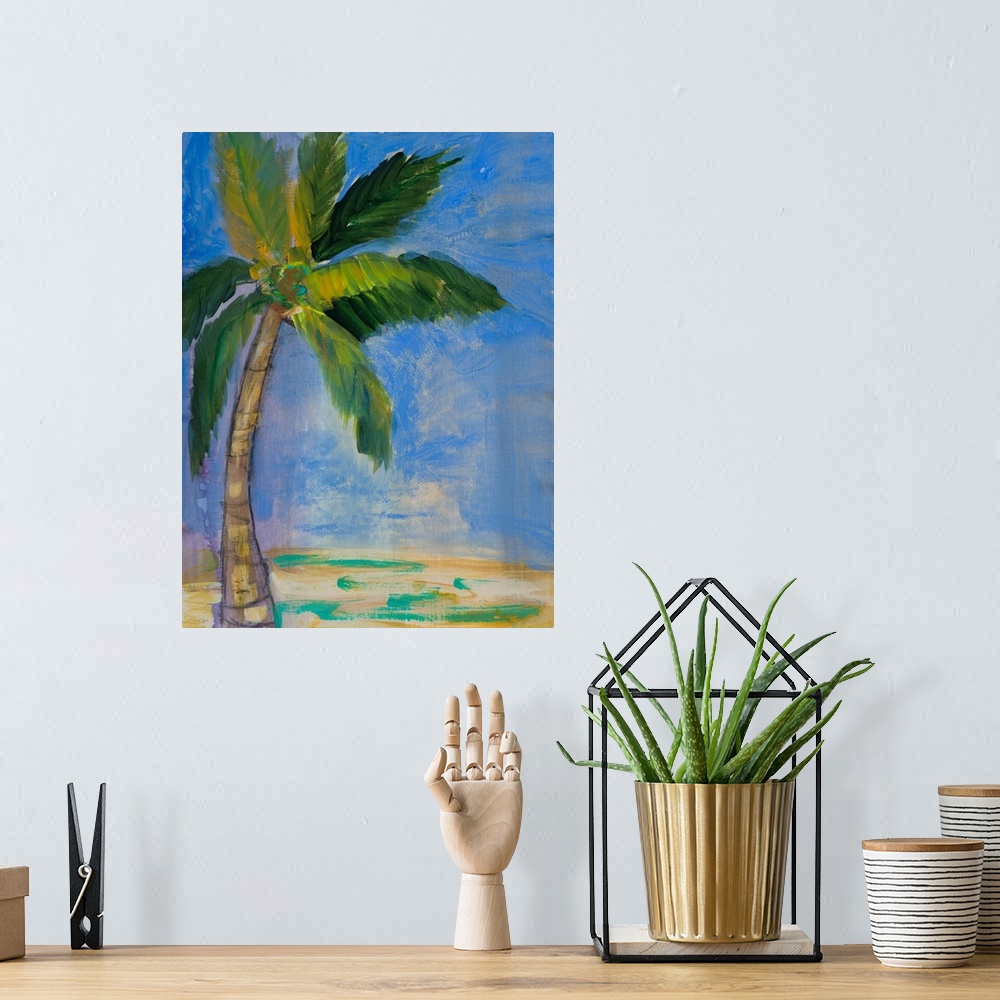 A bohemian room featuring Contemporary painting of a palm tree against a deep blue sky.