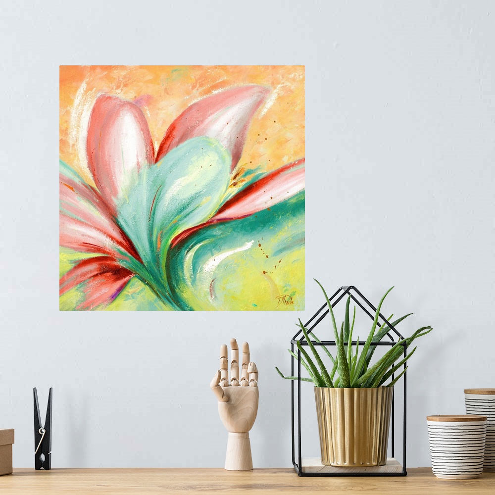 A bohemian room featuring Contemporary painting of a vibrant red flower against a bright green and orange background.