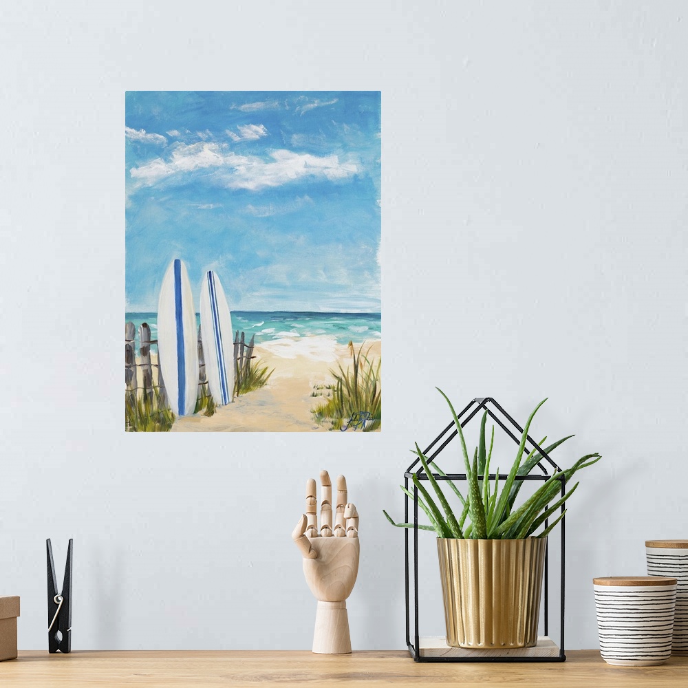 A bohemian room featuring Contemporary painting of two surf boards standing up against a wooden fence on the beach.
