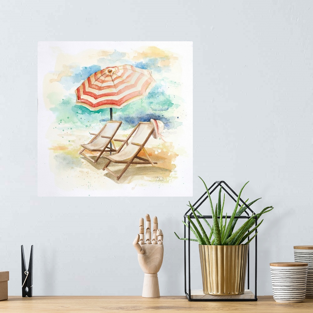 A bohemian room featuring Watercolor painting of two beach chairs and a striped umbrella in the sand.