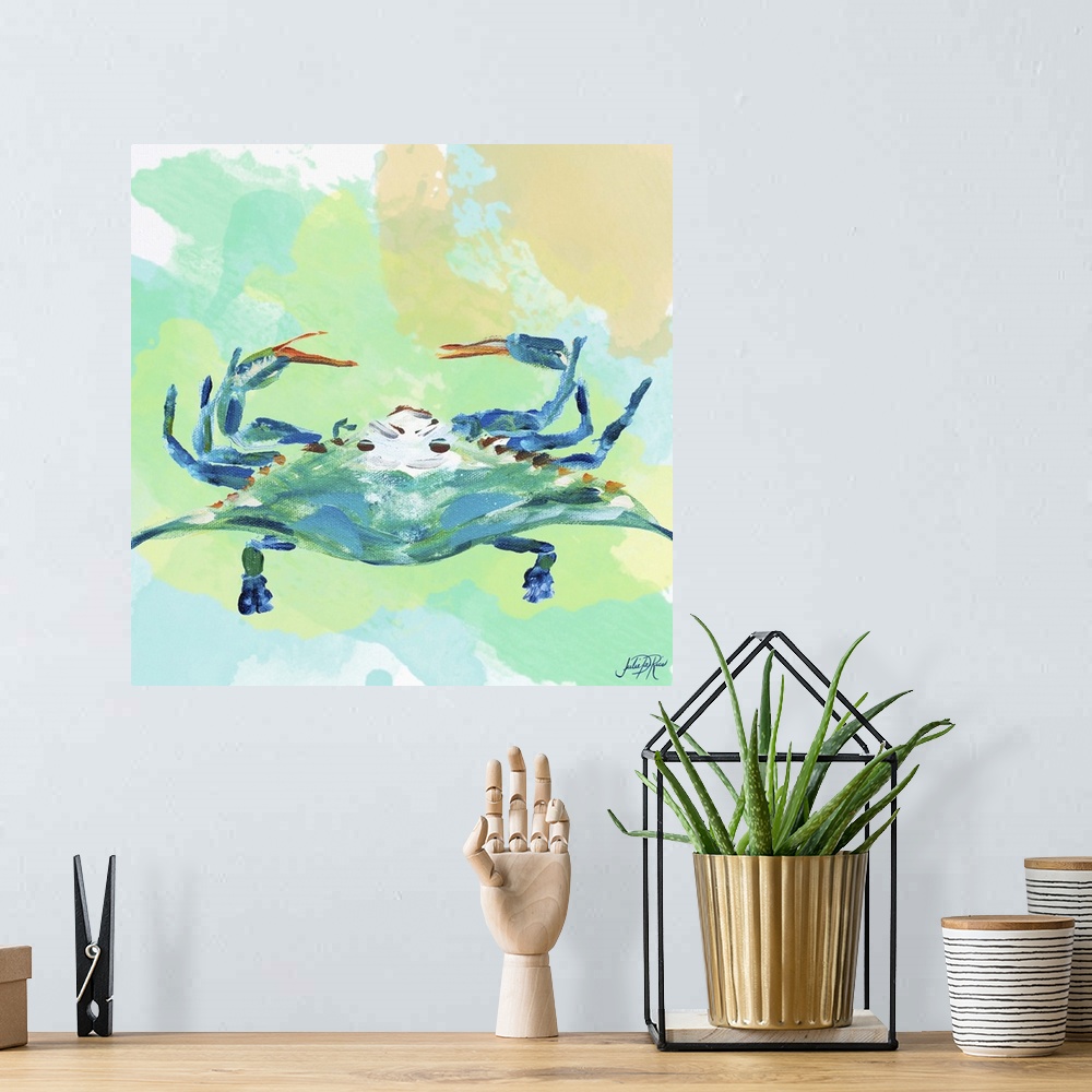 A bohemian room featuring A watercolor painting of a blue crab with sharp claws.