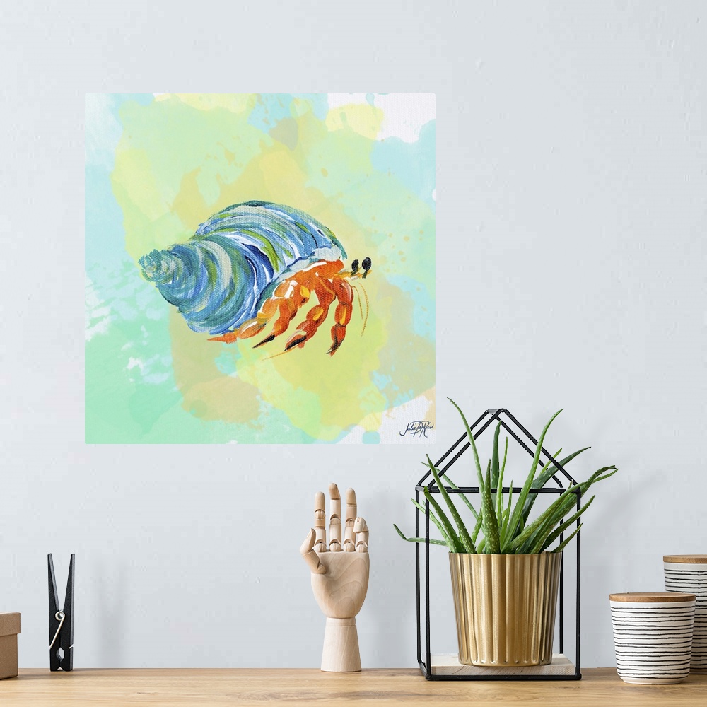 A bohemian room featuring A watercolor painting of a hermit crab with a blue shell.