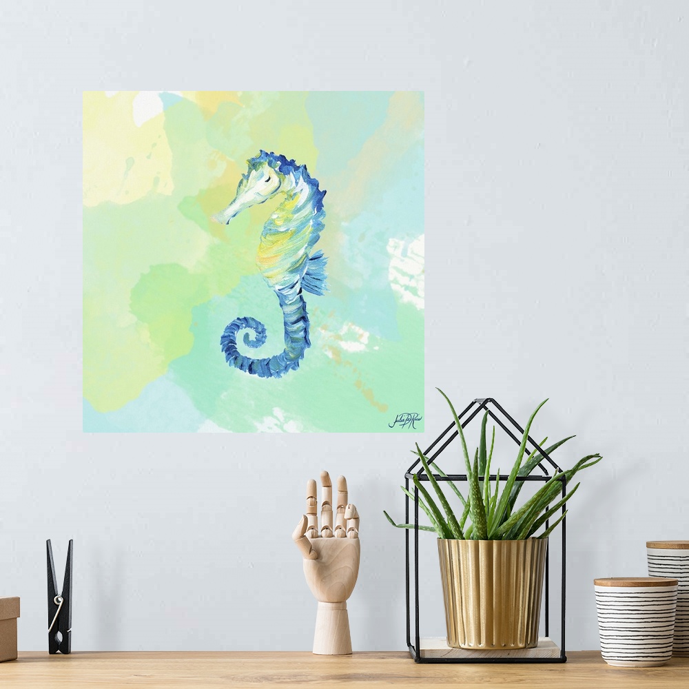 A bohemian room featuring A watercolor painting of a blue seahorse.