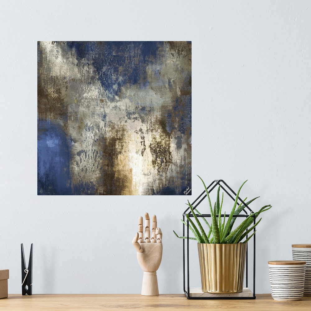 A bohemian room featuring Contemporary abstract artwork in dark shades of blue and brown.