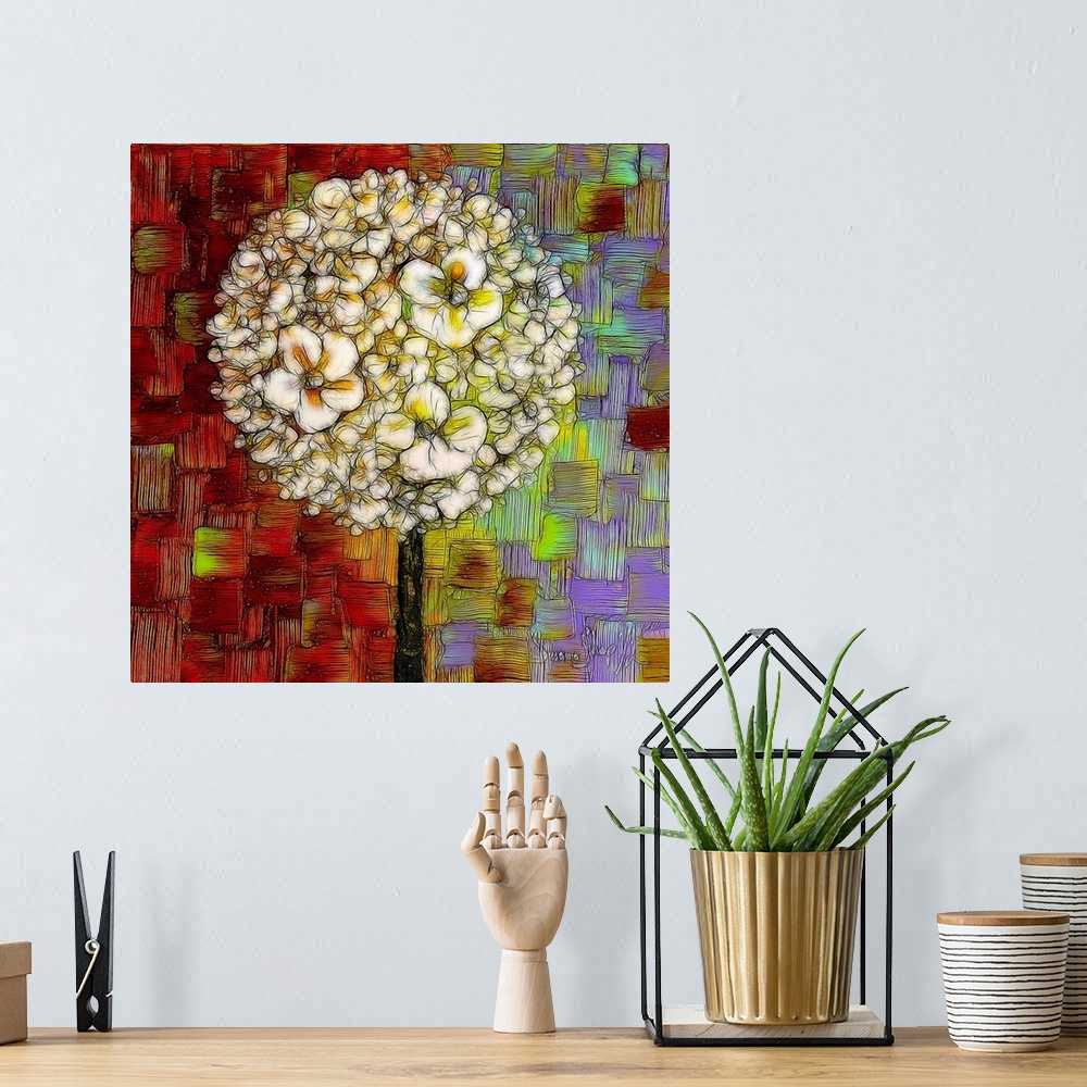 A bohemian room featuring Square digital illustration of a white blossom lollipop tree on a colorful background created wit...