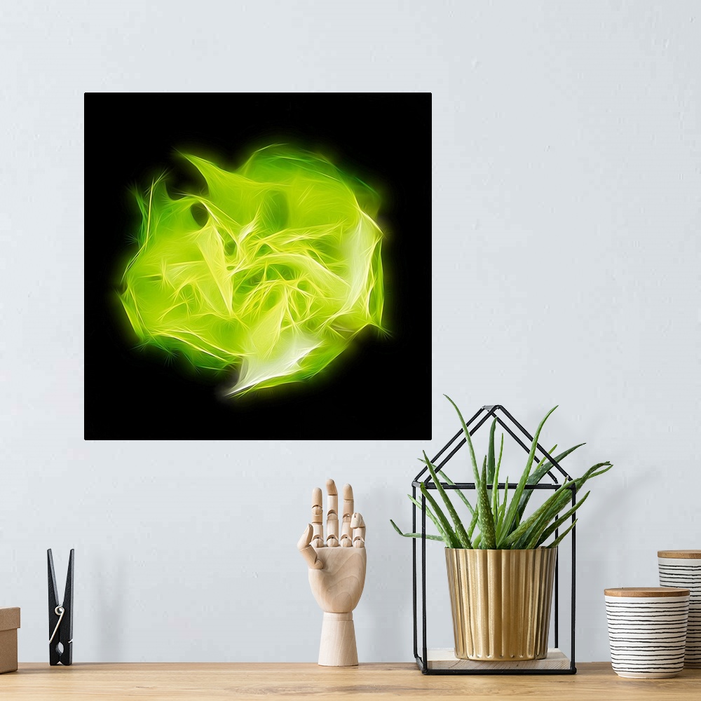A bohemian room featuring Square digital art with a bright green shape representing chakra, made with intertwining lines in...