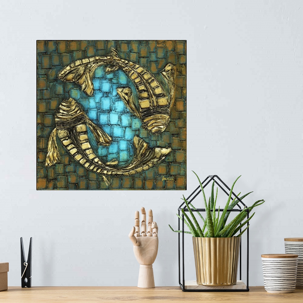 A bohemian room featuring Abstract Koi Fish - Blue Brown Gold- Impressionist Fine Art.
