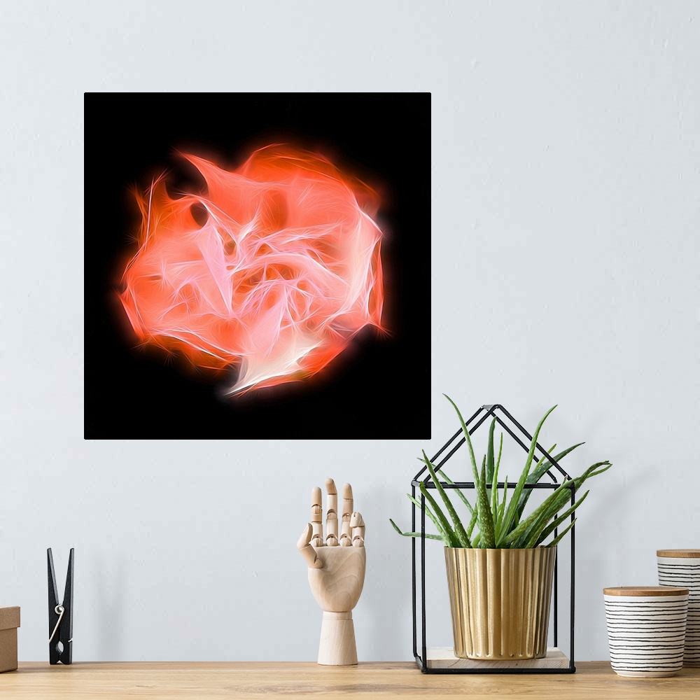 A bohemian room featuring Square digital art with a bright orange shape representing chakra, made with intertwining lines i...