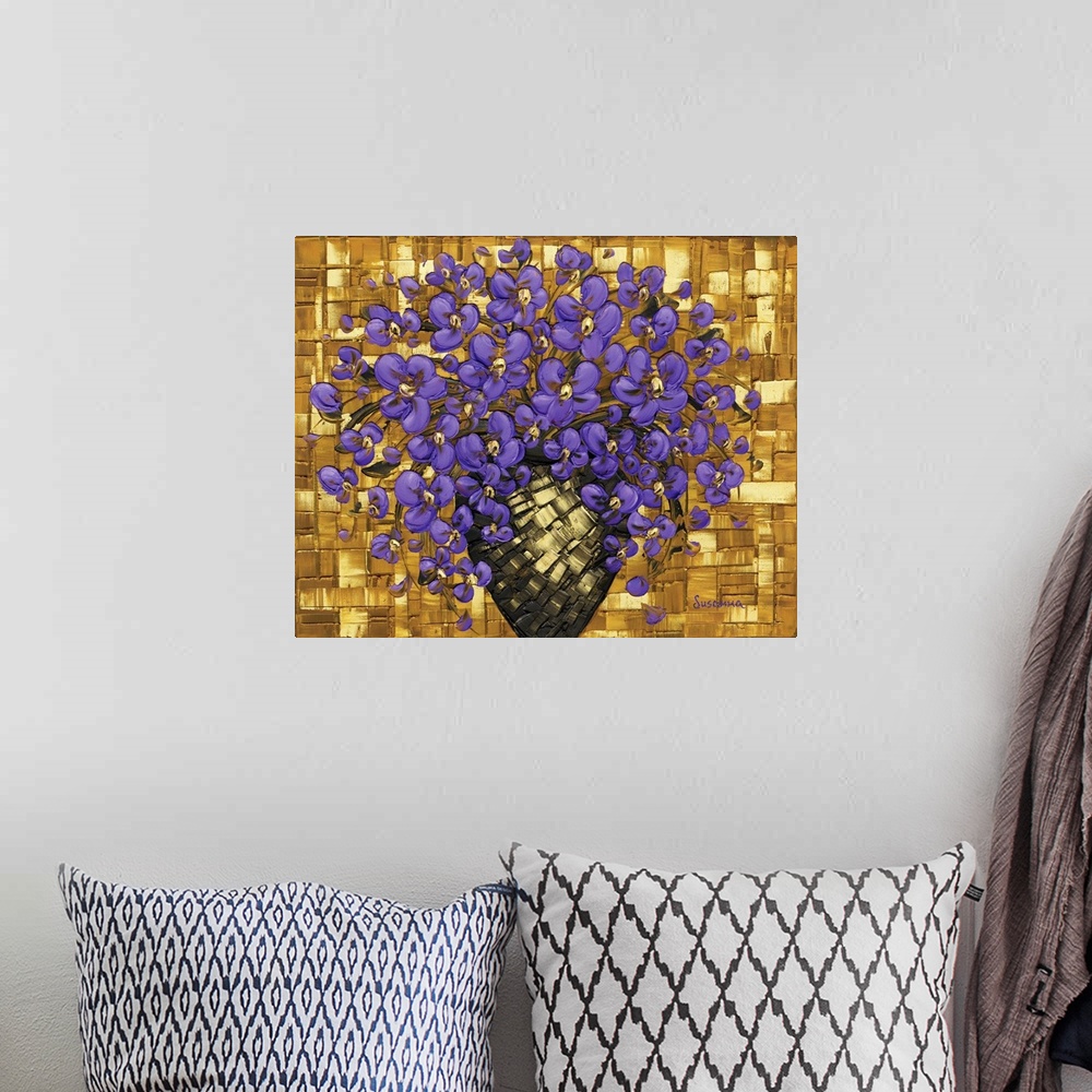 A bohemian room featuring Contemporary painting of purple flowers in a black and gold vase with a textured gold background ...