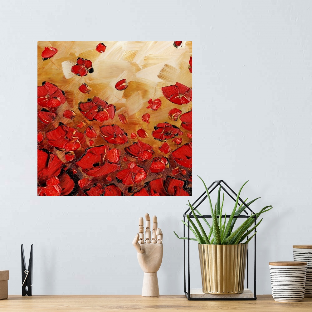 A bohemian room featuring Abstract painting of red poppies on a bronze background with distinct brushstrokes on a square ba...