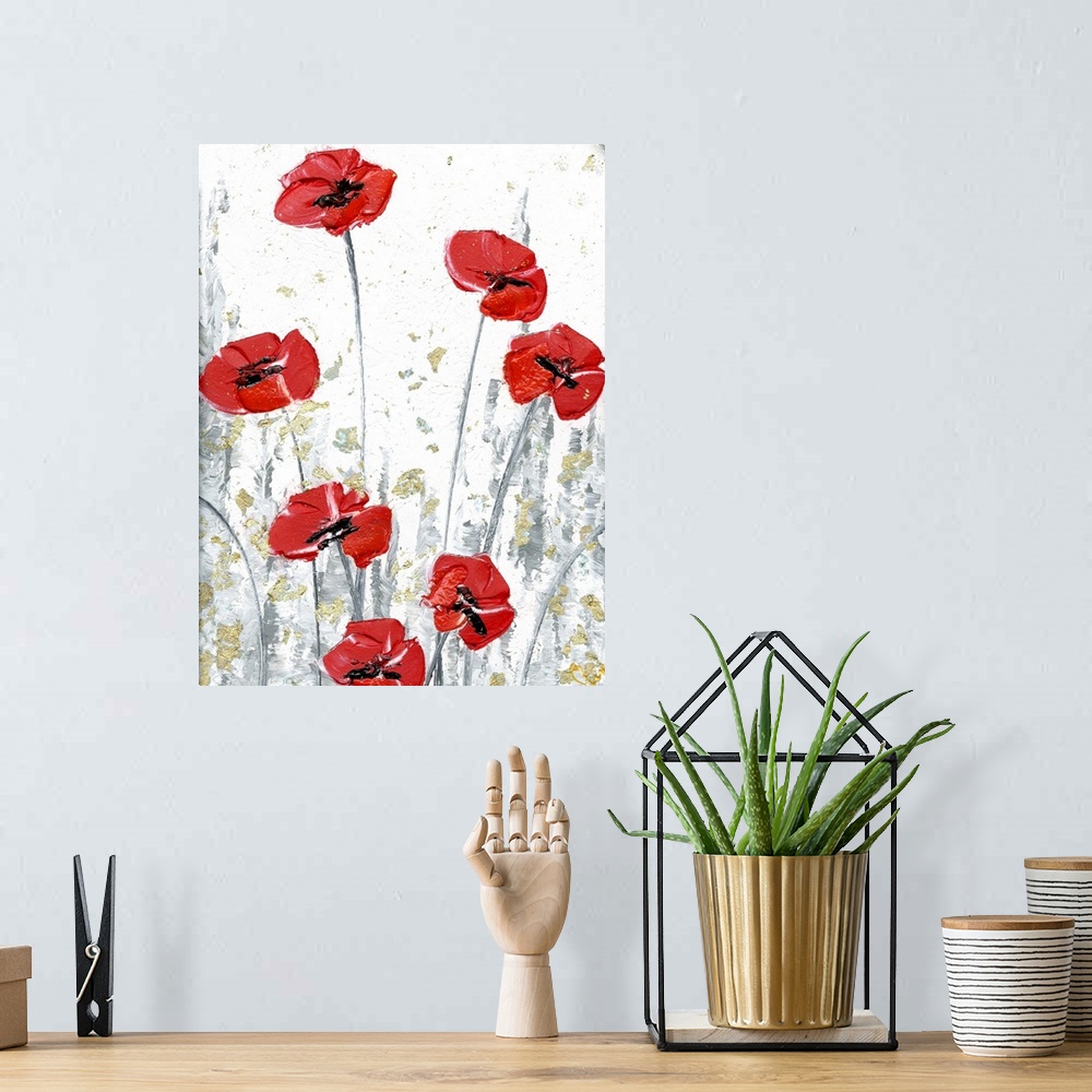 A bohemian room featuring Red Poppy Flowers on white and gray background with metallic gold all over.