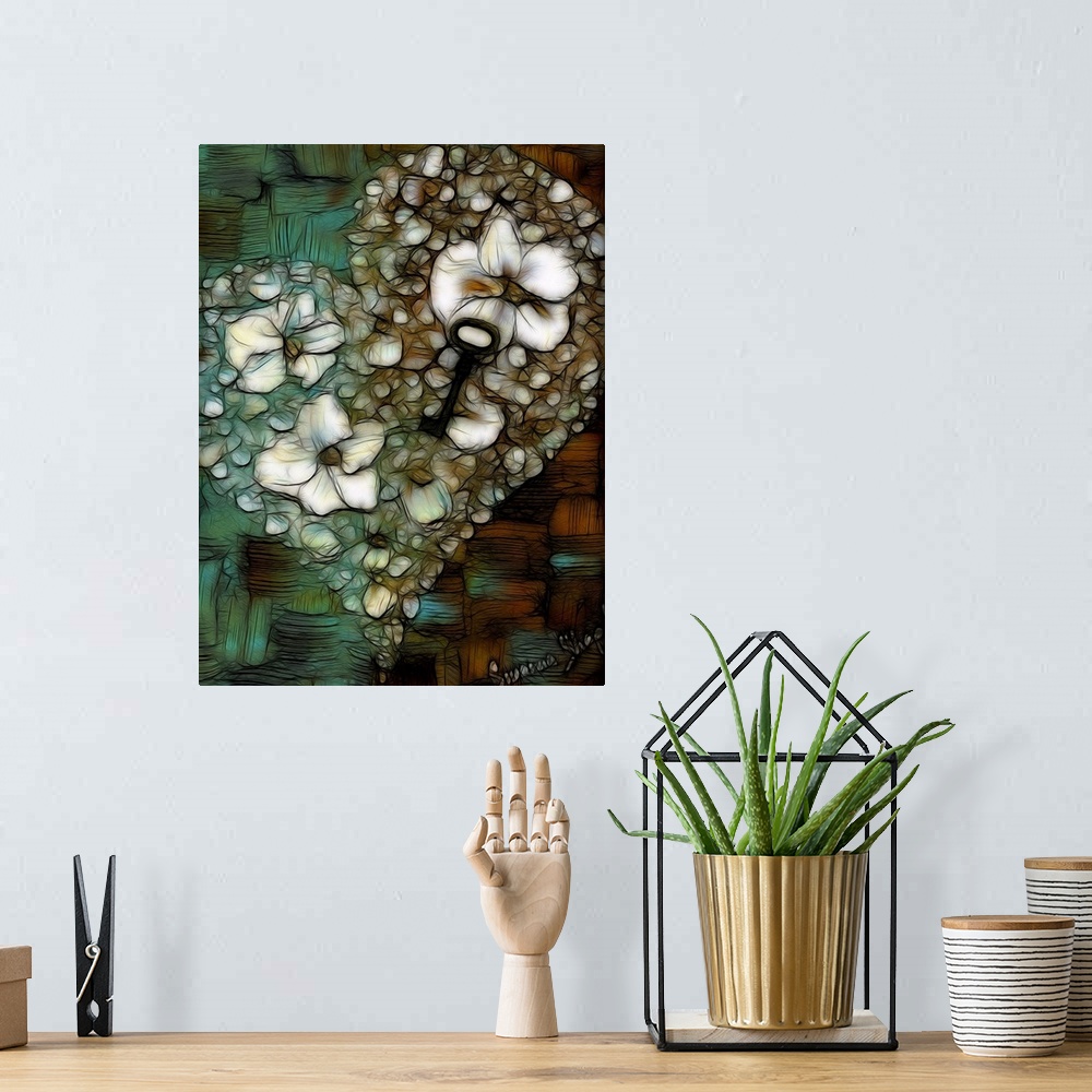 A bohemian room featuring Digital illustration of a heart with white flowers and an antique key in the middle with a blue, ...