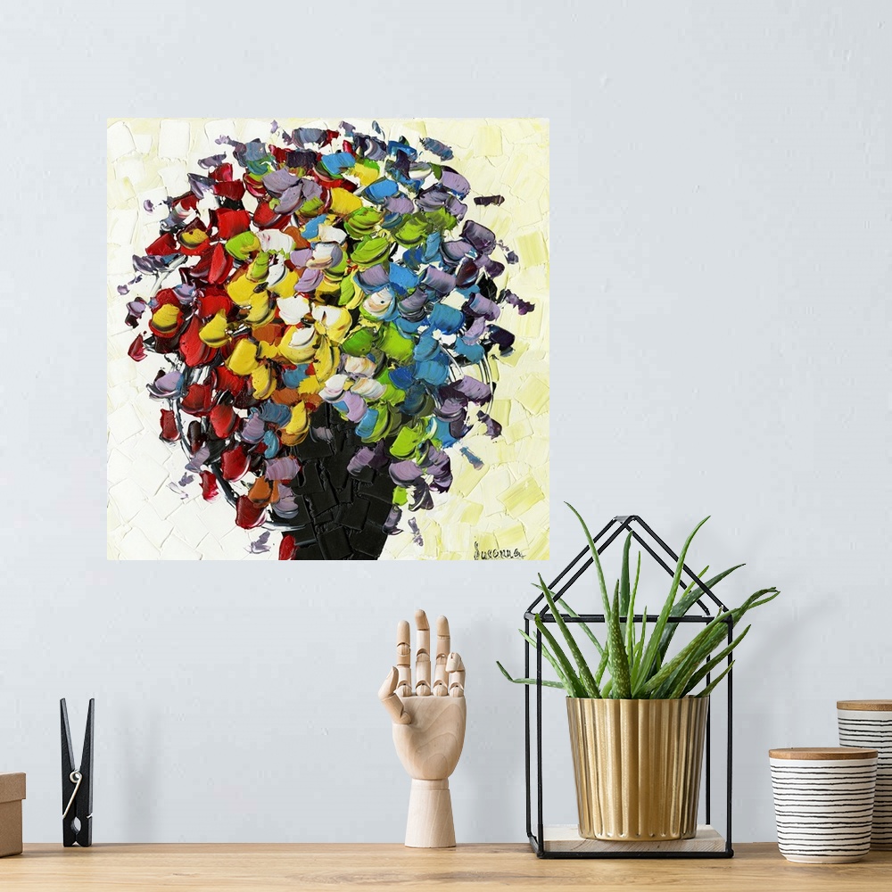 A bohemian room featuring Colorful wild flowers bouquet in black vase - Impressionist Abstract