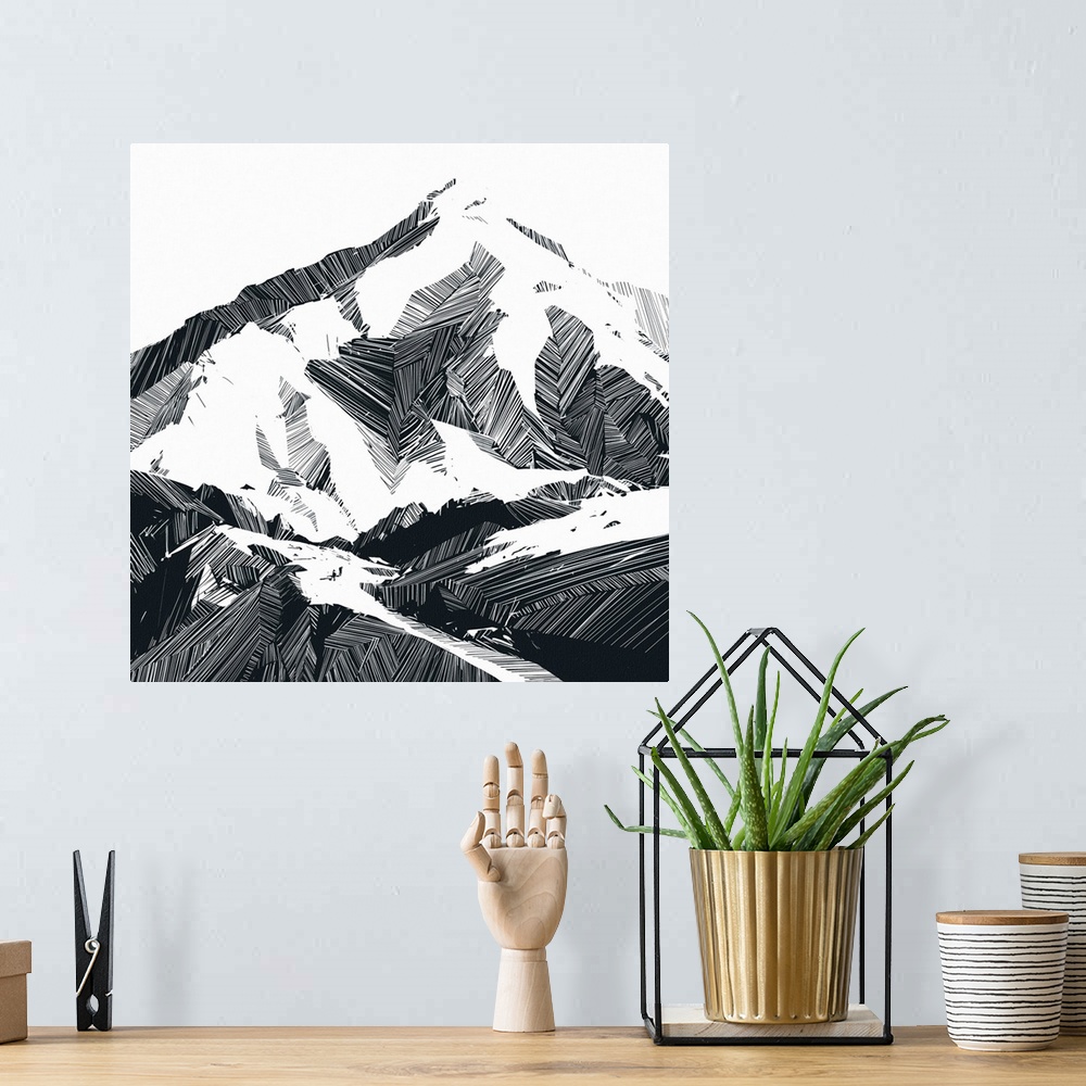 A bohemian room featuring Stylized monochrome sketches of climbers in mountain landscapes.