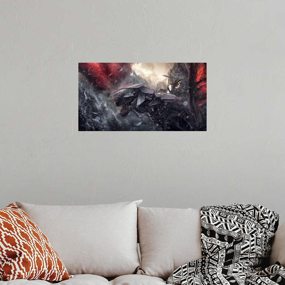 A bohemian room featuring Painting of armored mountain dragon and rider.