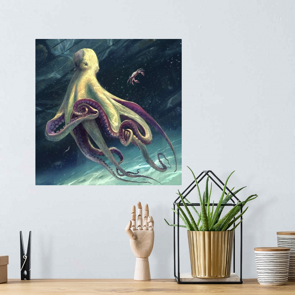 A bohemian room featuring Painting of an octopus ready to eat crab.