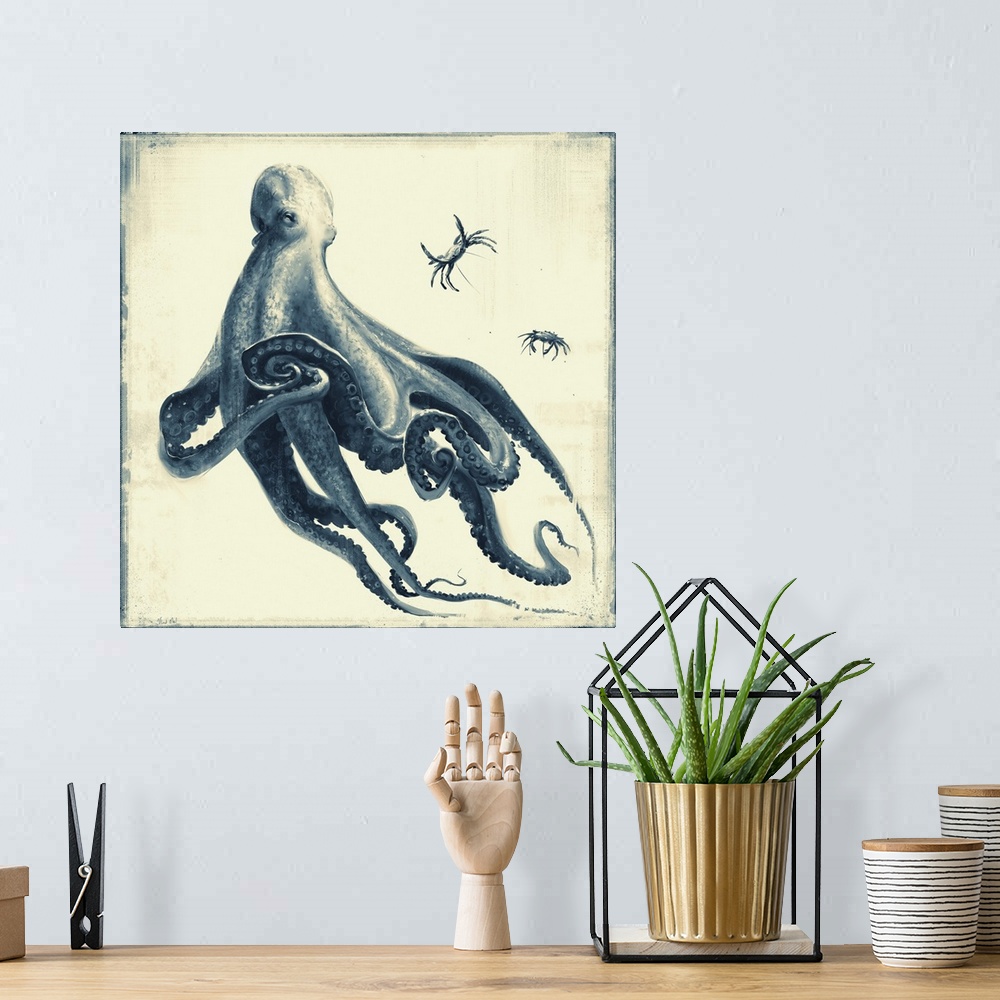 A bohemian room featuring Monochrome painting of an octopus ready to eat crab.