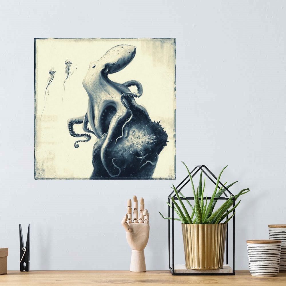 A bohemian room featuring Monochrome painting of an octopus sleeping near jellyfish.