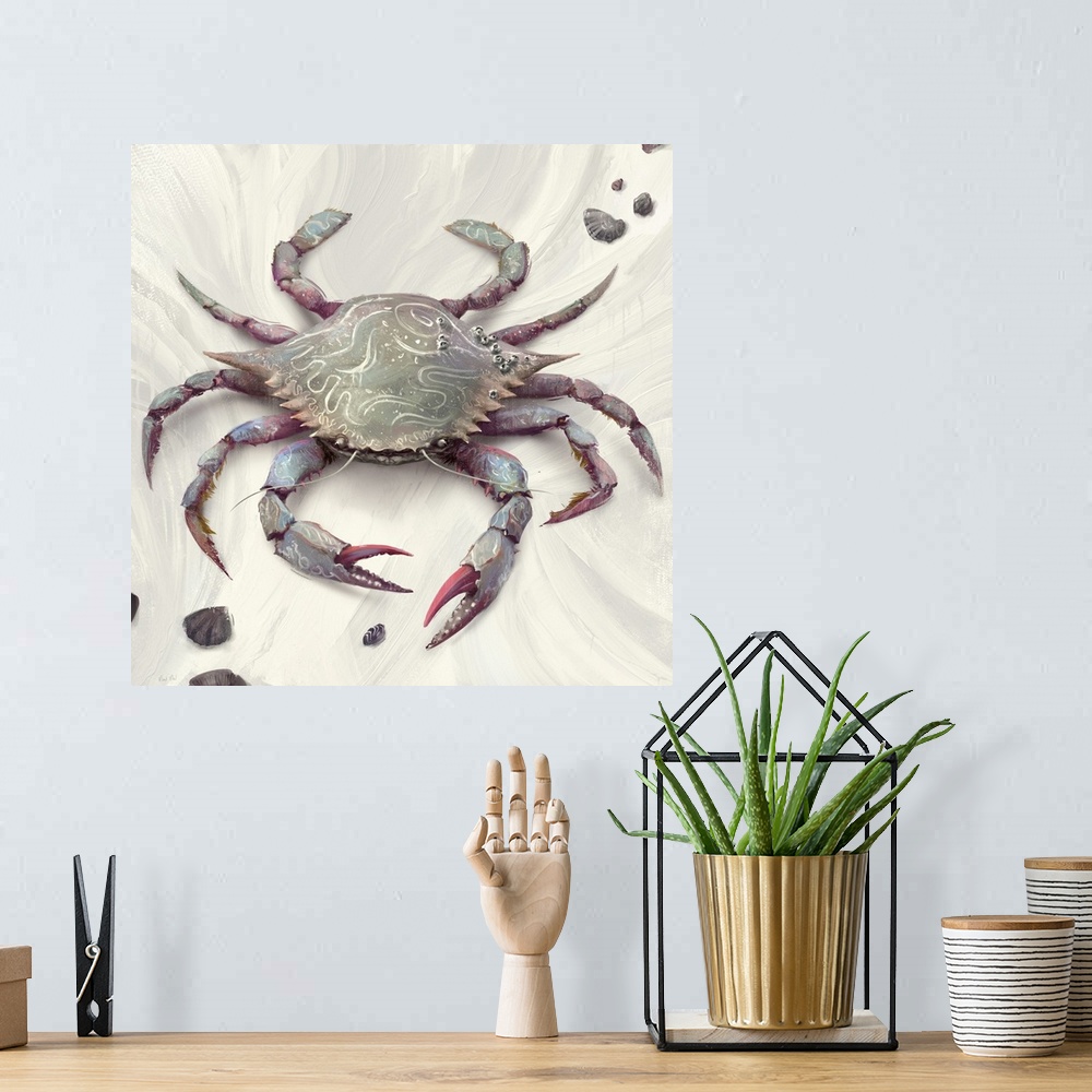 A bohemian room featuring Painting of blue crab with seashells on abstract background.