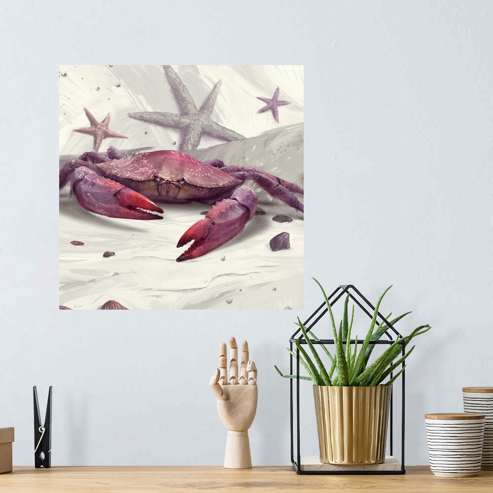 A bohemian room featuring Painting of peekytoe crab with starfish on abstract background.