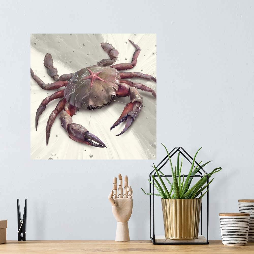 A bohemian room featuring Painting of stone crab on abstract background.